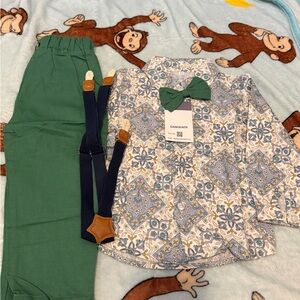 Size 90 Boys Floral Shirt with matching pants, suspenders and bow tie.